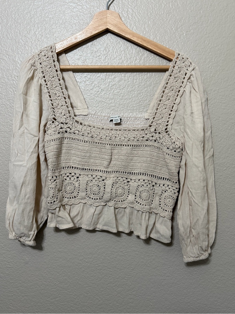 Womens Cream Crochet Embroidered Square Neck Peasant Top Boho Beach
